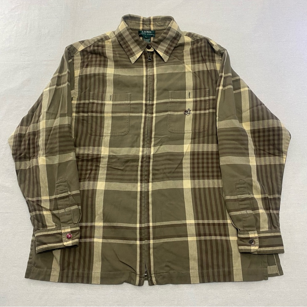 RALPH LAUREN Flannel Over Shirt Embroidered Logo Plaid Cotton Full Zip Size L